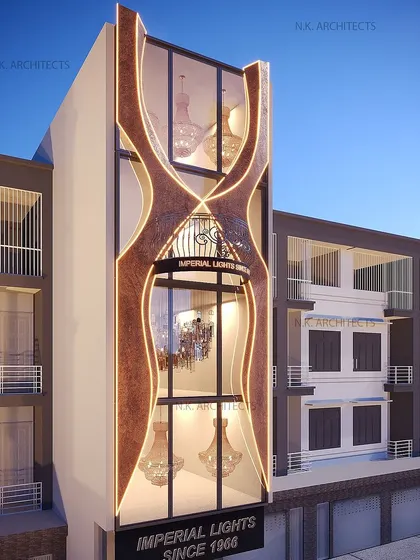 Another view of the commercial facade, showing how the illuminated, flowing design creates a powerful visual identity for the building. The structure is designed to be as functional as it is beautiful.