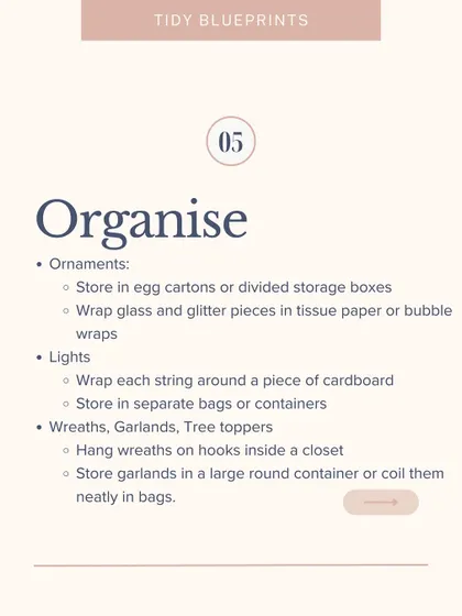 To organize holiday decor, store ornaments in egg cartons, wrap lights around cardboard, and hang wreaths on hooks inside a closet.