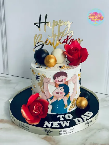 A heartwarming cake for a new dad, featuring a sweet illustration of a father and son.