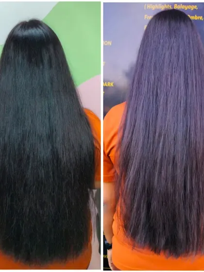 A vibrant global hair color transformation. We took the client from her natural black to a stunning, even shade of purple.