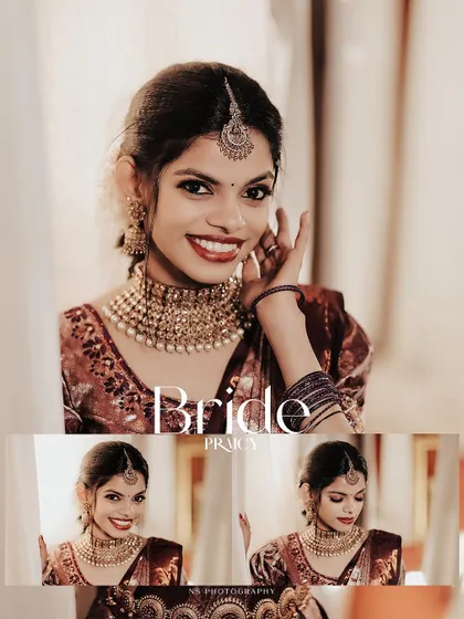 A collage of bridal portraits, showcasing her beautiful smile, stunning makeup, and traditional temple jewelry.