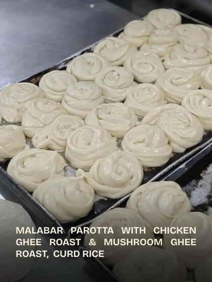 This is what our team meals look like. Here, our chefs have prepared Malabar Parottas, which are rolled and ready for the griddle.
