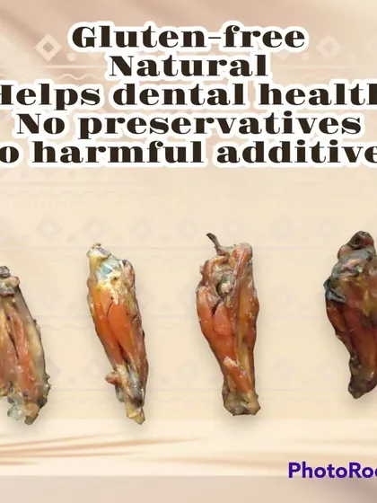 These dehydrated chicken wing tips are a crunchy, bite-sized snack perfect for training or as a small reward for your dog.