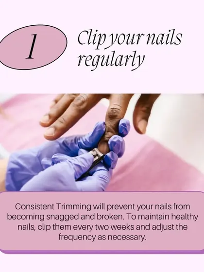 Healthy nails are the foundation of beautiful nail art. This graphic shares a fundamental tip: clip your nails regularly every two weeks to prevent snagging and breakage.