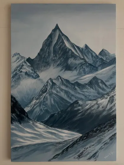 I find immense peace and power in painting landscapes like this one, titled 'Mountain of the Gods'. Using acrylics on a large canvas, I aimed to capture the majestic and serene presence of snow-covered peaks, a perfect statement piece for creating a calm atmosphere in any home.