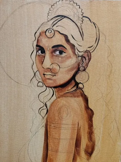A work-in-progress shot where I've started adding the base layers of color. You can see how the portrait begins to come to life as I build up the skin tones and shading.