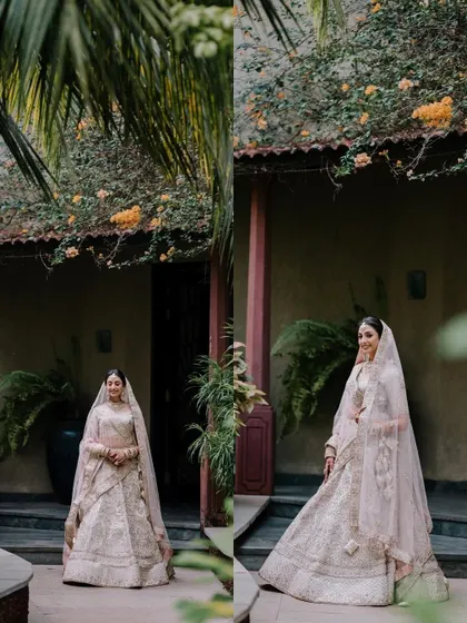 A collage of a bride in a beautiful pastel lehenga, posing against a backdrop of lush greenery and traditional architecture.