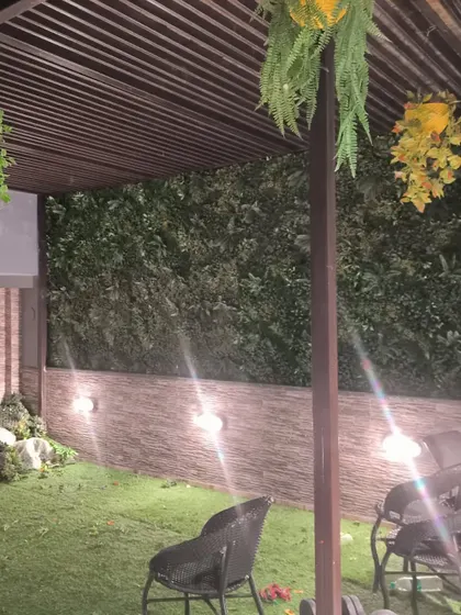 A cozy seating area in Paschim Vihar under a pergola. I installed artificial grass on the floor and a vertical garden on the back wall to create a complete garden room feel.