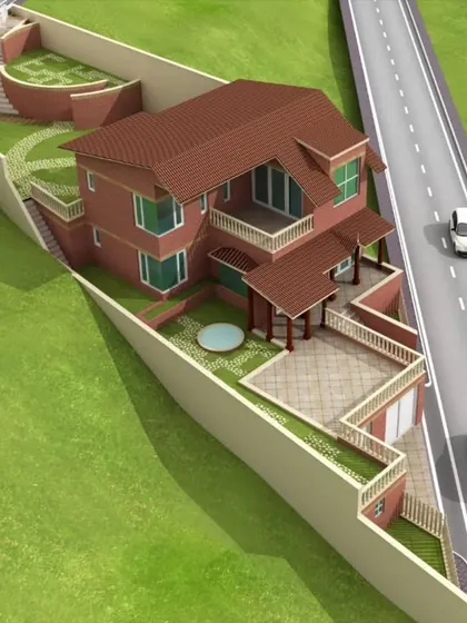 A top-down 3D view of the hill home layout. This visualization helps clients understand the property's flow, from the driveway and entrance to the private garden spaces at different levels.