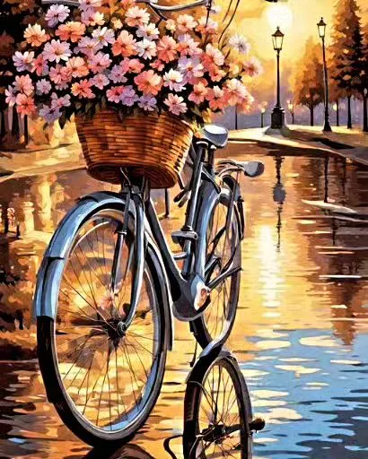 A romantic, impressionistic painting of a bicycle with a basket of flowers. This charming piece evokes a sense of nostalgia and simple joys, perfect for adding warmth to your home.