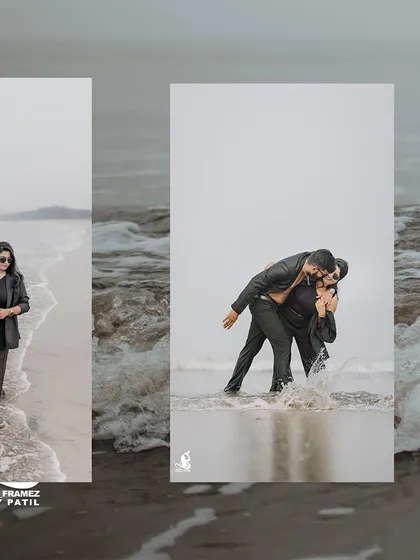 A collage of a couple's dramatic beach shoot in black attire, capturing both playful and intense romantic moments.