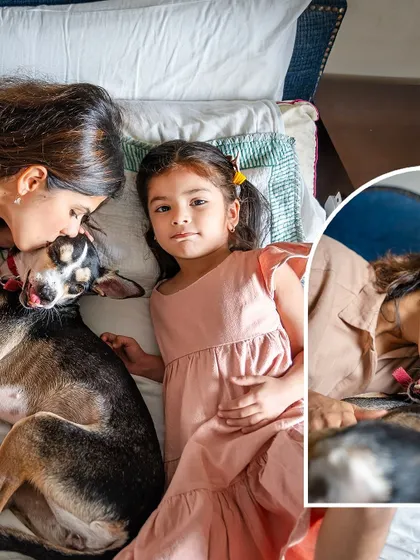 A collage showing the gentle and loving interactions between a girl and her rescue dog, Choco.