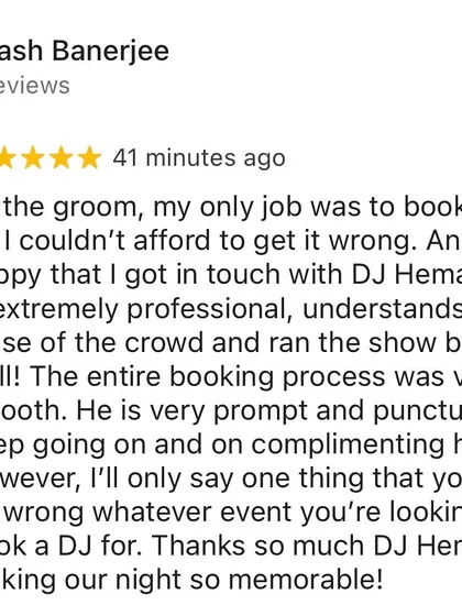 "You cannot go wrong whatever event you're looking to book a DJ for." This glowing review from the groom, Akash, is the highest compliment I could ask for.