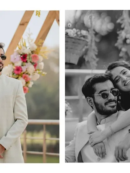 A diptych showing a stylish portrait of the groom and a candid black and white shot of the couple sharing a happy moment.