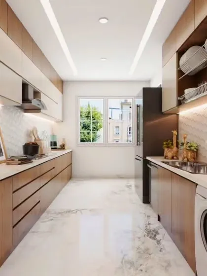 This parallel kitchen includes a clever overhead cabinet with a built-in dish rack. It allows plates and bowls to drip dry directly into the sink area, saving counter space and keeping the kitchen organized.