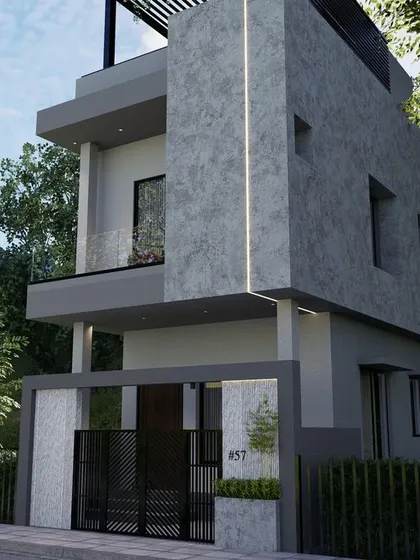 A compact duplex design with a concrete finish and a rooftop pergola. The minimalist design is both stylish and practical for an urban setting.