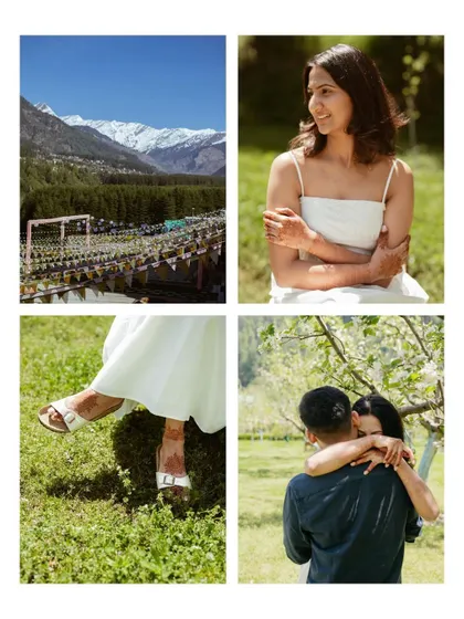 A collage capturing the essence of a Manali pre-wedding shoot, with shots of the snow-capped mountains, the bride, and romantic details.