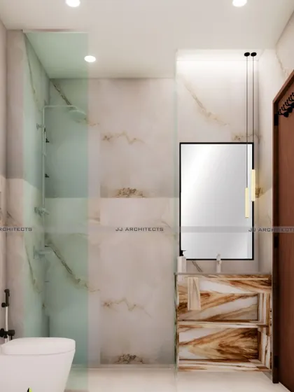 Another design option for the CR Park bathroom renovation. This version features a vanity with a bold, expressive marble pattern that acts as a focal point in the otherwise neutral space.