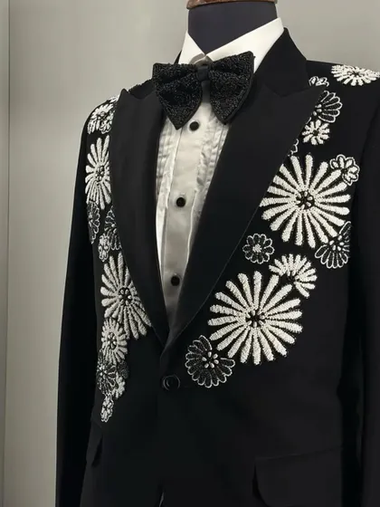 A side view of the graphic floral tuxedo, showing the detail on the lapel.