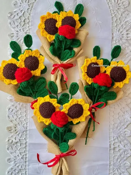 Several of my sunflower and rose bouquets ready for a special Valentine's Day event. The burlap wrapping gives them a lovely rustic charm.