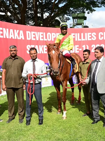 Eagle Day, winner of The Brig. R.C.R. Hill Memorial Trophy, with jockey Vivek.G.