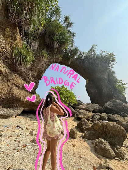 The Natural Bridge in the Andamans, with text and hearts to mark this amazing spot.