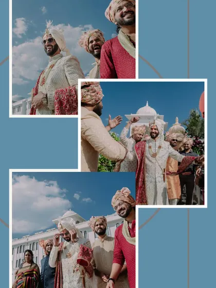 The groom and his groomsmen, all smiles during the baraat at a palace wedding in Udaipur.