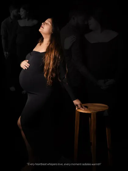 An artistic double-exposure portrait. The main image is a solo shot of the mother-to-be, with faint images of the couple's loving interactions layered in the background, telling a deeper story.
