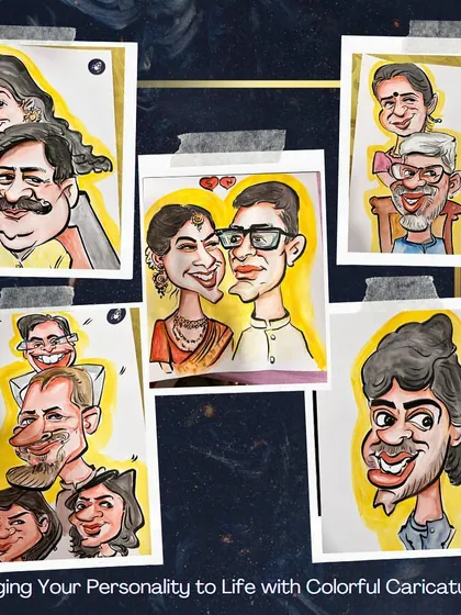 A collage showcasing a variety of my colorful caricatures. From couples to families to individuals, I bring each personality to life with vibrant watercolors.