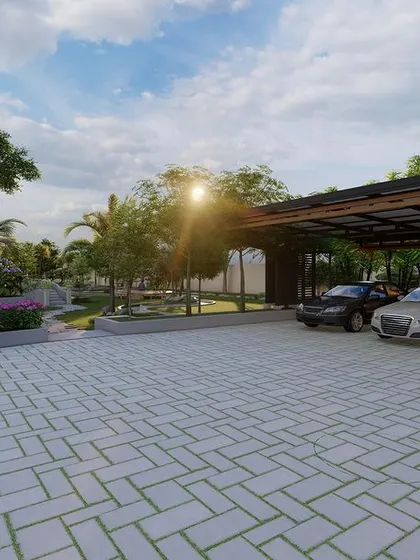 Another angle of the Noida farmhouse 3D design, showing the sun setting over the property. The design includes a modern carport and carefully planned green spaces to enhance the entrance.