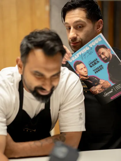 A fun, candid moment between two great chefs during their masterclass, showcasing the friendly and collaborative spirit we foster.