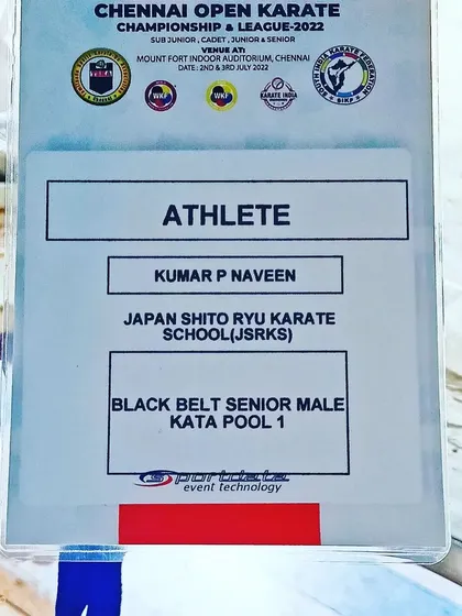 My athlete identification card for the Chennai Open Karate Championship. Being a competitor in the Black Belt Senior Male category is an honor.
