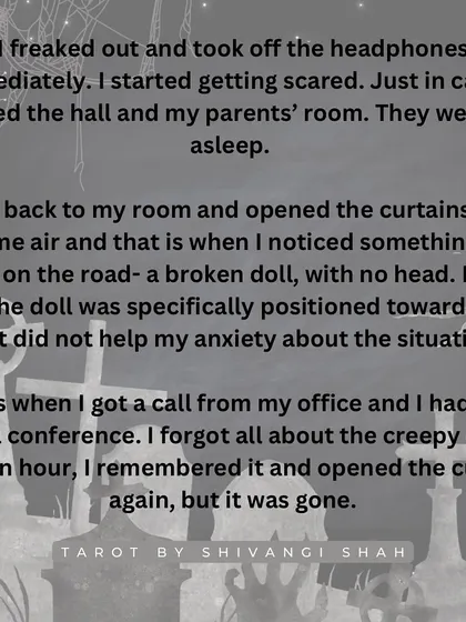 The terrifying story of someone hearing a girl crying through their headphones, finding a headless doll, and discovering its connection to a deceased child.