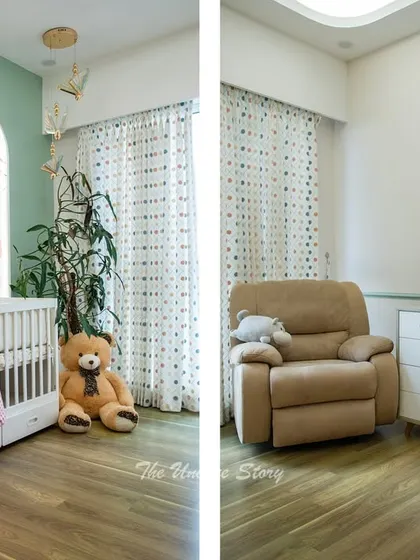 A split view of the nursery, showing the crib and mural on one side, and the recliner and storage on the other. The design ensures that every corner of the room is both beautiful and functional.