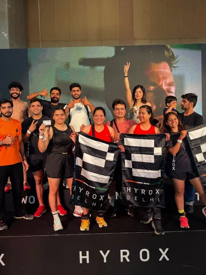 Our team at the Hyrox Delhi fitness event. I chose to coach rather than compete, and it was incredibly rewarding to support my athletes and see them all finish safely and with a smile.