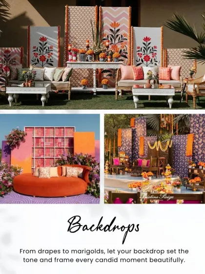 The right backdrop sets the tone for the entire Haldi ceremony. Whether using colorful drapes, marigold curtains, or modern printed panels, the backdrop frames every candid moment beautifully.