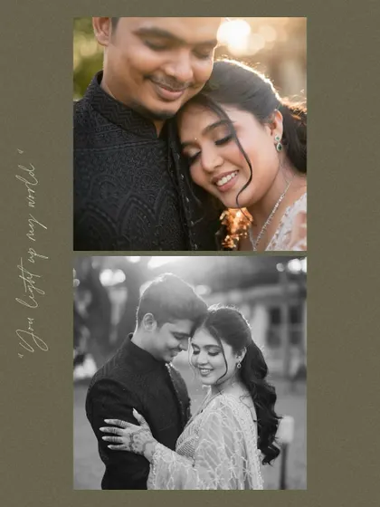 A romantic collage with one color and one black and white photo, capturing the couple's intimate connection during their engagement shoot.