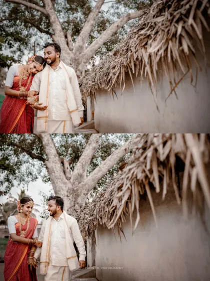 A collage showing the couple walking and sharing a moment in a serene, village-like environment.