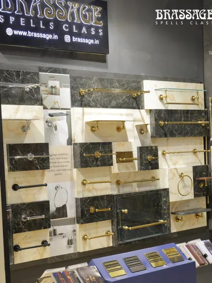 Our display of bathroom accessories at IndiaWood 2025. We offer complete hardware solutions, including towel bars, shelves, and rings, allowing for a cohesive design language across every room.