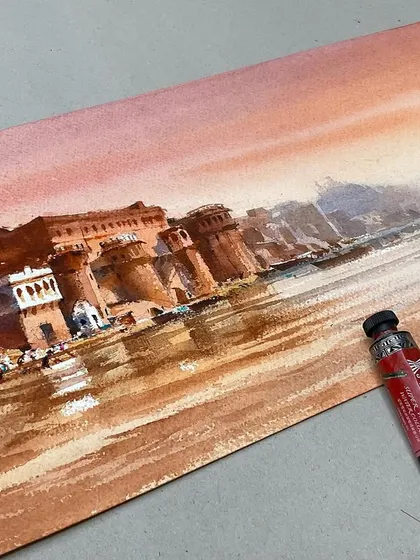 Another angle of the Varanasi sketch, showing the texture of the paper and the transparency of the watercolour.