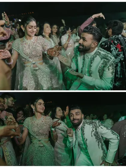 Candid moments of the couple dancing and having fun together. These genuine smiles and playful interactions are the heart of the celebration.