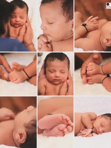 A collage of a newborn boy's first photoshoot, capturing all the tiny details from his sleepy face to his little hands and feet.