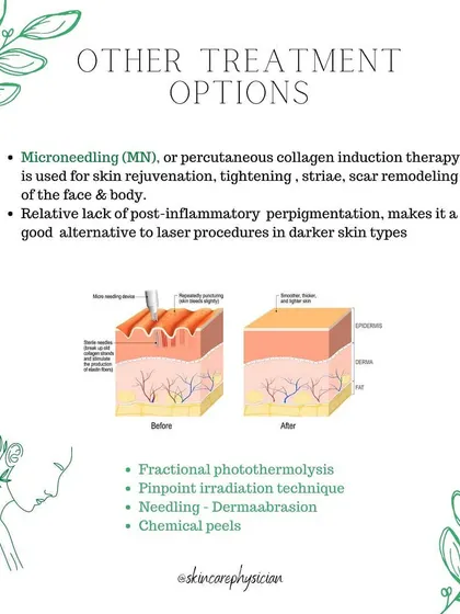 Microneedling is a versatile treatment for skin rejuvenation and scar remodeling, especially effective for darker skin tones due to its low risk of pigmentation. It works by inducing collagen production to naturally repair and tighten the skin.