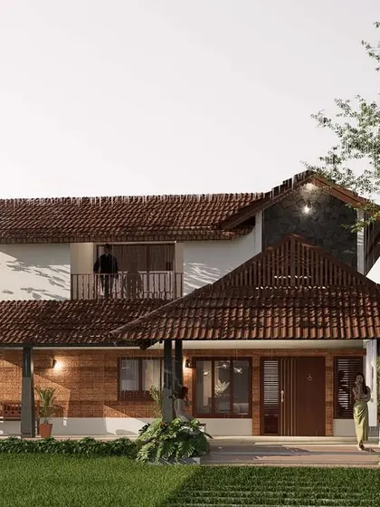 This view showcases the home's layered facade, combining stone, wood, and plaster. The upper-level balcony and covered porch create transitional spaces between the interior and the landscape, inviting interaction with the outdoors.