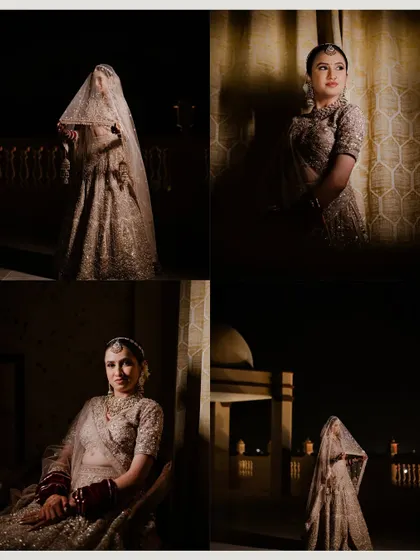 A collage of moody and elegant bridal portraits of Stuti. These shots, taken at night, use dramatic lighting to create a sense of quiet magic and anticipation before the ceremony.