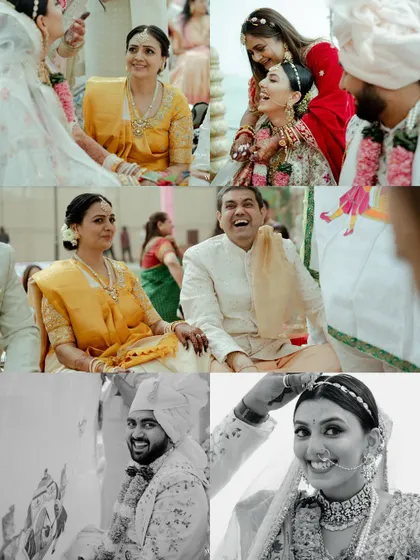 A collage of heartwarming moments from the wedding ceremony, including the couple's interactions with their parents. It captures the blend of emotion, tradition, and family love.