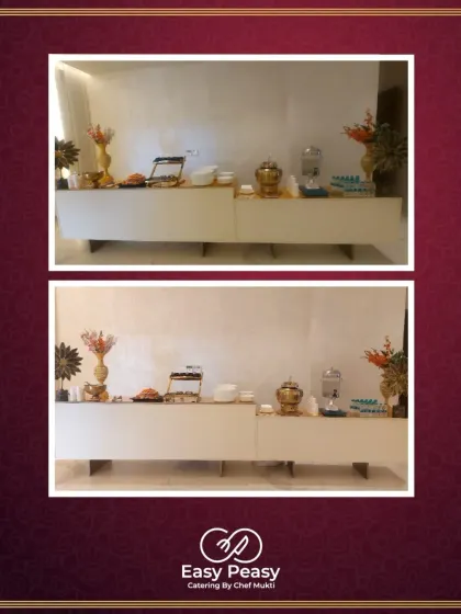 A minimalist and modern dessert and beverage station for a sophisticated indoor event. This clean setup is perfect for corporate gatherings or contemporary parties.
