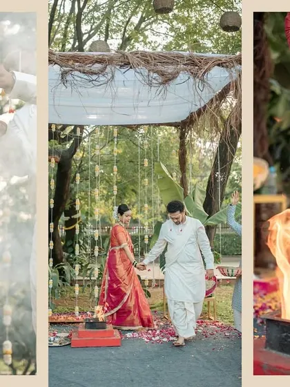 A triptych of ritual moments. It shows the sacred fire, the smoke from incense, and the couple walking together, highlighting the spiritual and traditional aspects of the wedding.