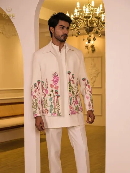 A side profile of the ivory coord set, allowing a better view of the embroidery that wraps around the sleeves. This ensures the outfit is stunning from every angle.