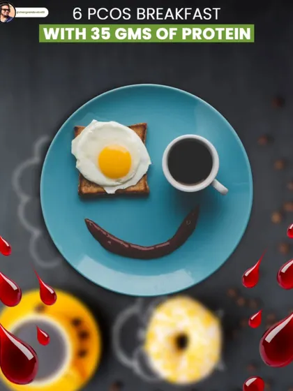 This graphic shows six PCOS-friendly breakfast ideas, each packed with around 35g of protein to fuel your hormones and start your day right.